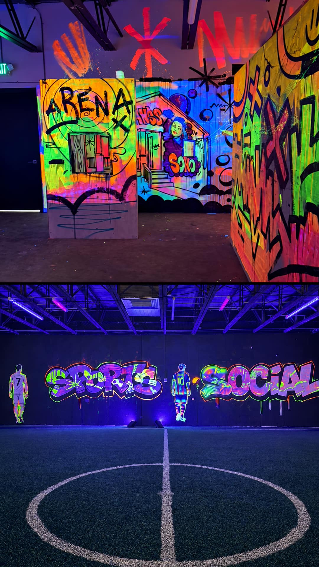 Laser tag arena and glow-in-the-dark soccer court at Arena SSC Wynwood