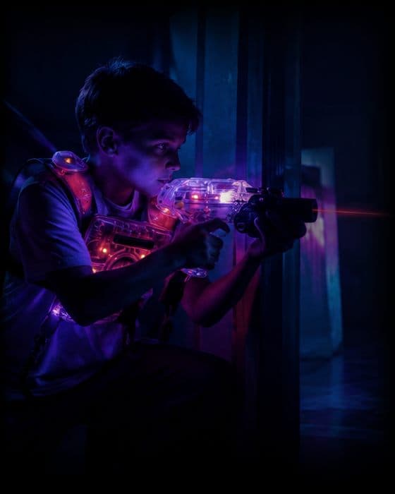 Illustration: a kid in a glowing laser tag vest aims a blaster from behind a wall, a red laser beam in the dark