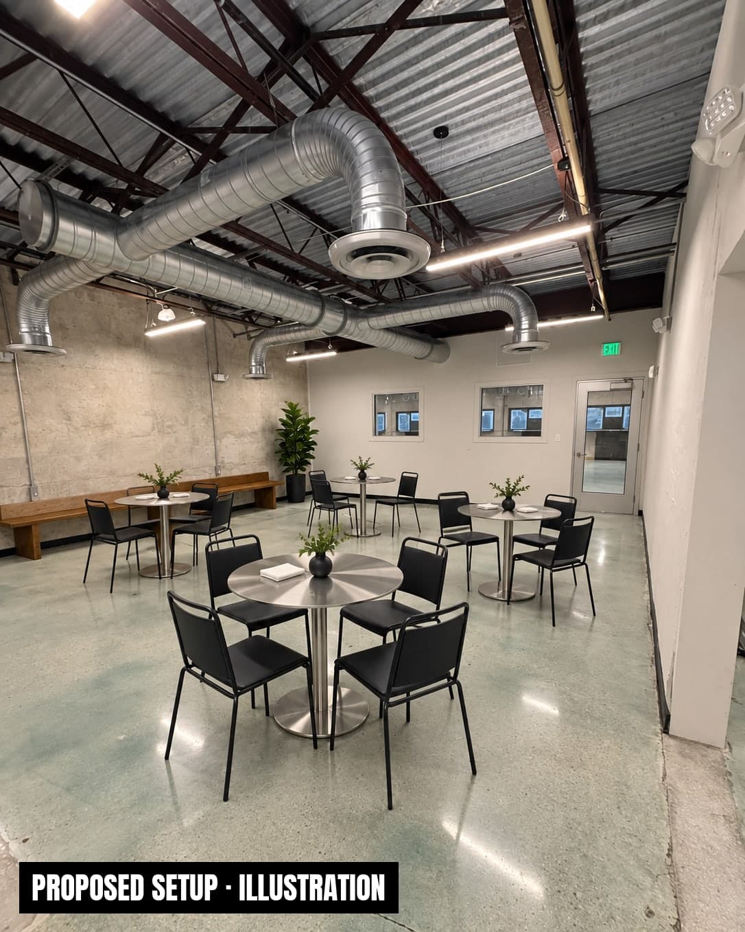 Proposed setup for Party Room B at Arena SSC Wynwood (illustration): bistro tables, black chairs and a wooden bench